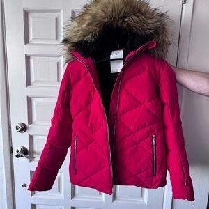 Descente Women's Red Quilted Jacket with Faux Fur Hood